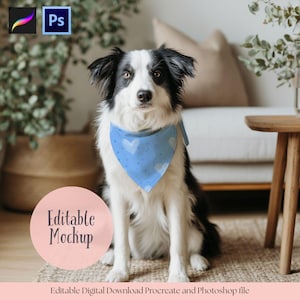 May include: A black and white Border Collie dog wearing a light blue bandana with white heart patterns. The dog is sitting on a woven rug. The image includes the text "Editable Mockup" and "Editable Digital Download Procreate and Photoshop file".