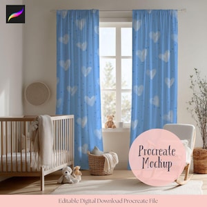 Könnte beinhalten: Hellblaue Vorhänge mit weißen Herzmustern vor einem Fenster. Ein Holzbettchen, ein Schaukelstuhl und ein Weidenkorb befinden sich im Raum. Der Text "Procreate Mockup" ist auf dem Bild.