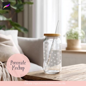 May include: A clear glass drinking jar with a wooden lid and a glass straw. The jar is decorated with white hearts. The jar is on a wooden table. The image includes the text "Procreate Mockup".