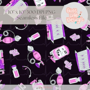 May include: Seamless pattern featuring medical equipment illustrations in pink, purple, and white on a dark background. Includes text that reads "10" x 10" 300 DPI PNG Seamless File" and "Code Blue". The design also includes a logo that says "Give Life Design".