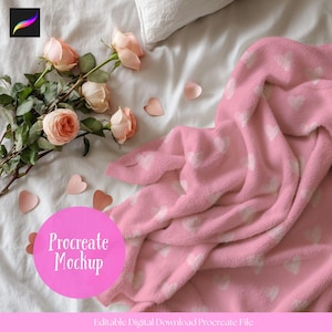 May include: A pink blanket with white heart patterns is draped on a white bed. Peach-colored roses and heart-shaped cutouts are scattered around the blanket. The image includes a Procreate Mockup graphic.