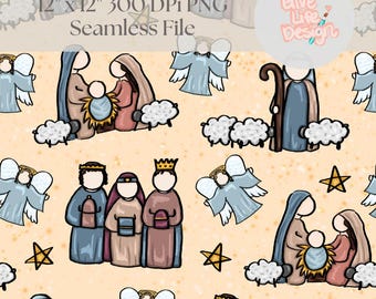 Hand-Drawn Nativity Seamless Pattern, Christmas Fabric, PNG (Digital Download)