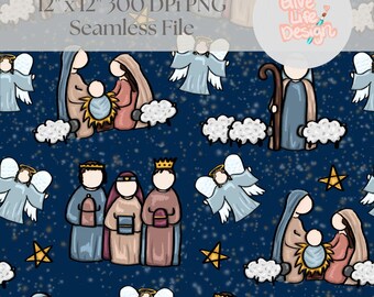 Hand Drawn Nativity Seamless Pattern, Christmas Fabric Design (Digital Download)