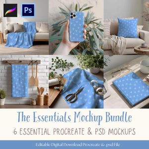 Op de afbeelding: Een mockup-bundel met een lichtblauwe deken, telefoonhoesje, kussen en keukendoek met hartjespatroon. Bevat ook een notitieboek en stof. De afbeelding bevat Procreate- en Photoshop-logo's en de tekst "The Essentials Mockup Bundle".