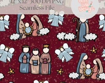 Hand Drawn Nativity Seamless Pattern, Christmas Fabric (Digital Download)