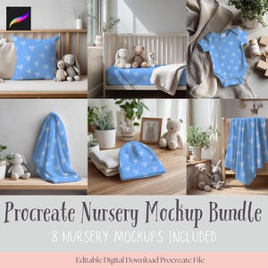 May include: A collection of baby nursery mockups featuring a light blue color scheme with white heart patterns. The image includes a pillow, crib bedding, a onesie, a blanket, and a hat. The text reads "Procreate Nursery Mockup Bundle" and "8 Nursery Mockups Included."