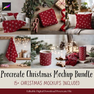 May include: A collection of Christmas-themed mockups featuring red items with white heart patterns. Includes a blanket, pillows, a mug, a tumbler, and a towel. The text "Procreate Christmas Mockup Bundle" and "15+ Christmas Mockups Included" are also visible.