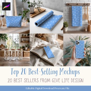 May include: A collection of mockups featuring a light blue heart pattern. Includes a cosmetic bag, rolled fabric, a towel, glass jars with straws, a bookmark, and a phone case. Text reads "Top 20 Best-Selling Mockups".