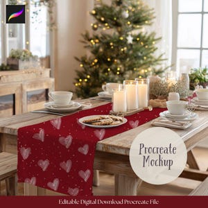 May include: A festive table setting with a red table runner adorned with white hearts and white speckles. The table is set with white dishes, candles, and cookies. The text "Procreate Mockup" is visible.