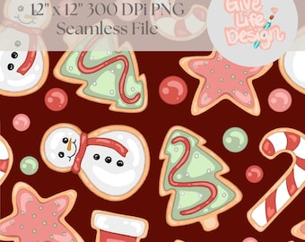 May include: Seamless Christmas-themed digital file featuring a repeating pattern of gingerbread cookies, including snowmen, Christmas trees, and stars, on a dark red background. The file size is 30.48 cm x 30.48 cm and 300 DPI. The text "Give Life Design" is also present.