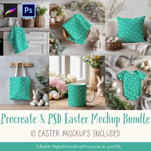 May include: A collection of Easter-themed mockups featuring a teal heart pattern. Items include a towel, napkins, pillow, tote bag, mug, and baby onesie. The image also includes baskets with eggs, flowers, and the text "Procreate & PSD Easter Mockup Bundle".