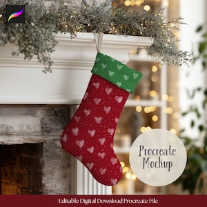 May include: A red Christmas stocking with white heart patterns hangs from a white mantelpiece. The top of the stocking is green with white hearts. The image includes the text "Procreate Mockup" and "Editable Digital Download Procreate File".