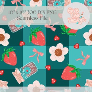 May include: A seamless pattern featuring strawberries, flowers, bows, and hearts on a teal and light blue checkered background. The design includes jars with blue lids. The text "10" x 10" 300 DPI PNG Seamless File" is visible.