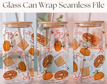 Pumpkin Spice Latte Glass Can Wrap Seamless File (PNG Digital Download)