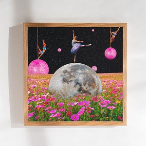 May include: A framed collage featuring a ballerina dancing on a moon, surrounded by pink disco balls and pink flowers. Three figures are hanging from ropes, two of them are holding disco balls.