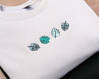 Monstera Leaf Embroidered Sweatshirt, house plant lover jumper, botanical sweatshirt. gift for garden plant lovers, gift for gardeners,