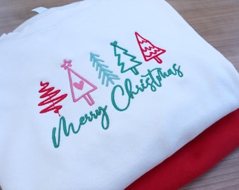 Merry Christmas Trees Embroidered Jumper Sweatshirt, Xmas Gift for Friend, Christmas Jumper Day, Christmas Gift for Her, Embroidered Sweat
