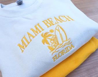 Miami Beach embroidered sweatshirt jumper, vintage embroidered sweatshirt Miami Beach surf holiday, Florida sweater for couples America Trip