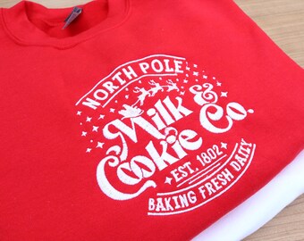 North Pole Christmas Cookies and Milk Embroidered Jumper, Xmas Cookies Sweatshirt Unisex, Holidays Sweater, Stocking Filler Xmas Gift Bestie