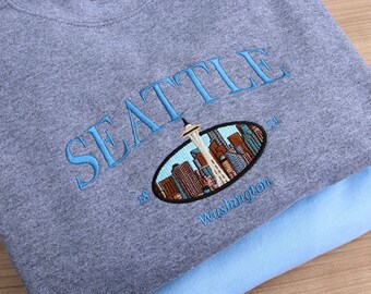 Seattle Washington embroidered sweatshirt jumper, vintage embroidered sweatshirt Seattle jumper gift for Couples, student gap year, America
