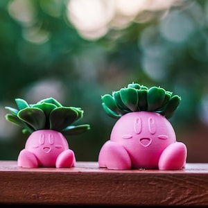 May include: Two pink planter pots shaped like a cartoon character with green succulents growing out of the top. The pots are sitting on a wooden surface.