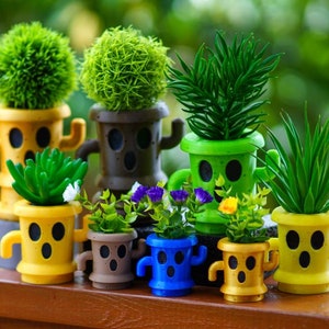 May include: A collection of seven small potted plants with cartoon faces. The pots are yellow, green, brown, and blue. The plants are green and have different textures.