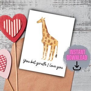 Carte Jeu de mots girafe imprimable, Tu paries girafe Je t’aime, Carte de Saint-Valentin imprimable / Jeu de mots girafe / Carte Animal Pun / Carte de Saint-Valentin amusante