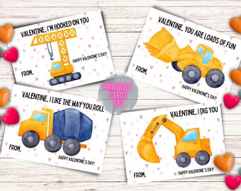 Set of 4 Printable Construction Vehicles Valentine Cards /Classroom Valentine/Construction Valentine/Excavator Valentine/Bulldozer Valentine