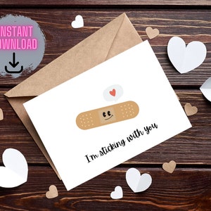 Printable Bandaid Valentine&#39;s Day Card, I&#39;m Sticking With You, Bandaid Pun Card, Funny Valentine Card