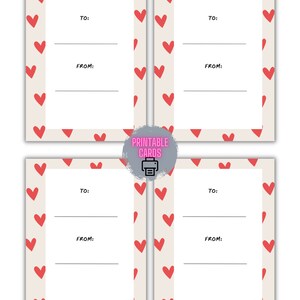 May include: Four printable Catholic Valentine's Day cards with a red heart pattern border. Each card has a blank space for "To:" and "From:". The cards are labeled "Printable Cards".