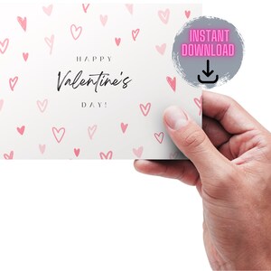 Printable Happy Valentine&#39;s Day Card with Hearts, Pink, Digital Valentine&#39;s Card