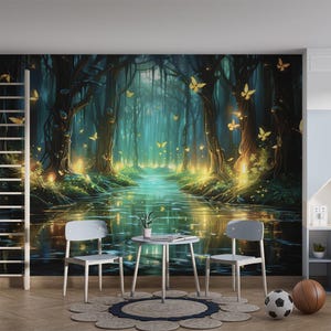 Fairytale Magical Forest Wallpaper Wall Art Mural Nursery Enchanted Forest Mystic Woods Room Decor Peel and Stick Custom Size