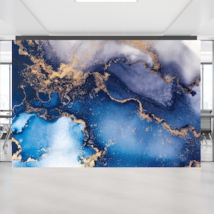 Blue Marble Wallpaper Abstract Wall Art Blue & Gold Mural Print Peel and Stick Luxury Marble Modern Design Abstraction Murals for Decor Home