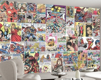 Retro Comic Superhero Wallpaper, Vintage Pop Art Collage (Peel and Stick)