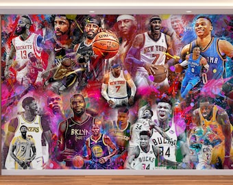 Basketball Collage Wall Mural: Sports Art Deco Peel and Stick Decor (Kids Room)