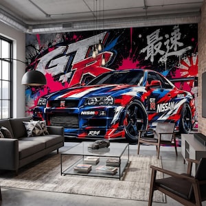 May include: A wall mural featuring a blue and red Nissan GT-R R34 sports car with graffiti-style accents, the text GT-R, Nismo, and Japanese characters. The design includes a vibrant background with paint splatters and a rising sun graphic.