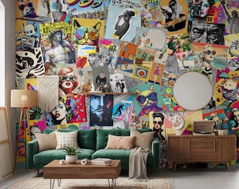 Pop Art Collage Wallpaper, Retro Eclectic Street Art Mural, Maximalist Home Office Decor