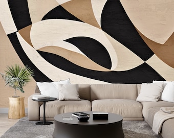 Beige & Black Abstract Line Wallpaper Mural - Art Deco Peel and Stick