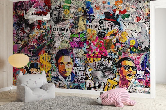 Money Graffiti Mural Pop Art Wallpaper Wall Street Decor for Bar Cafe Office Game Room or Living Room Mural Accent Peel and Stick Wallpaper