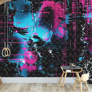 May include: A black and white checkered background with abstract blue and pink paint splatters. The wall mural features the text "Home of the Cool Kids" in a black circle with white lettering.