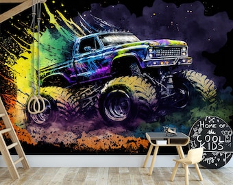 Monster Truck Wallpaper Games Watercolor Art Mural Trucks Boys Cars Kids Modern Room Decor Children Peel and Stick Self Adhesive Custom Size