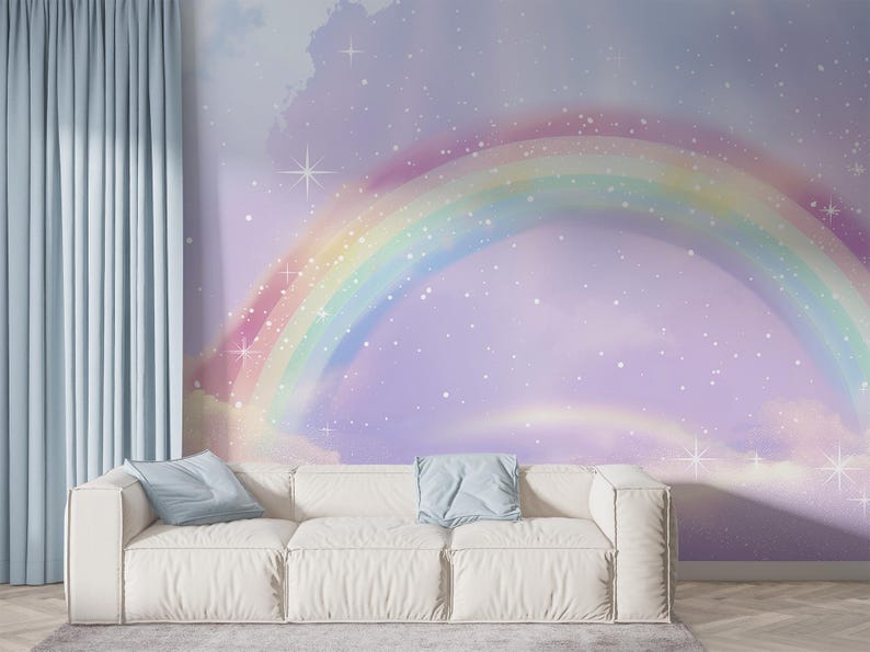 Rainbow Wallpaper Wall Mural Watercolor Rainbow Wallpaper for Kids Room ...
