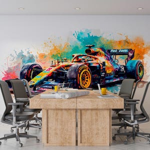 May include: A vibrant, colorful watercolor painting of a Formula 1 race car dominates a white wall. The car is detailed with various colors, set against a backdrop of paint splatters. A wooden table and office chairs are in the foreground.