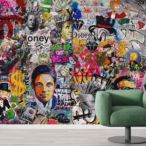 May include: A vibrant, graffiti-style mural featuring a collage of images, including portraits, cartoon characters, and dollar bills. The artwork incorporates the word "money" and the Dior logo. A green armchair sits in front of the mural.