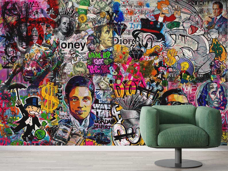 May include: A vibrant, graffiti-style mural featuring a collage of images, including portraits, cartoon characters, and dollar bills. The artwork incorporates the word "money" and the Dior logo. A green armchair sits in front of the mural.