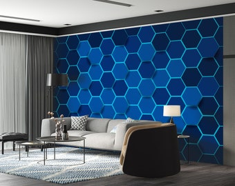 Mural de pared geométrico de alta tecnología con diseño de cubos y hexágonos azules, papel tapiz abstracto, decoración despegable y adhesiva para sala de juegos y videojuegos.