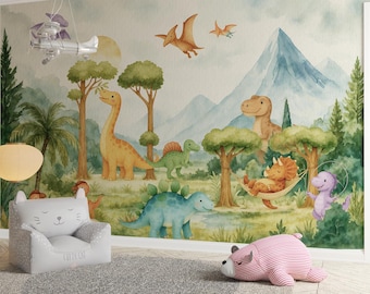Watercolor Dinosaur Wallpaper Mural: Peel and Stick Dino Nursery Decor