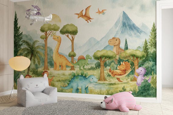 Watercolor Dinosaur Wallpaper Mural: Peel and Stick Dino Nursery Decor