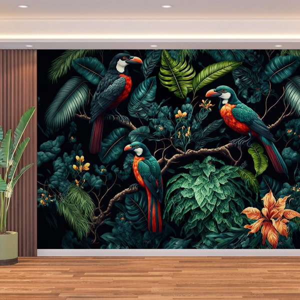 Parrots & Tropical Wallpaper Wall Art Mural Flowers Palm Jungle Exotic Plants Birds Peel and Stick Decor Home Room