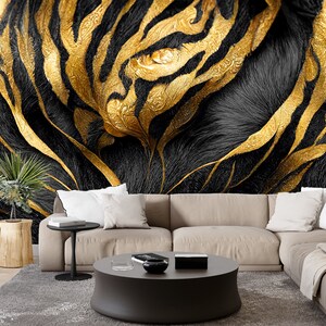 Mural de pared abstracto de mármol negro y dorado - Papel pintado autoadhesivo